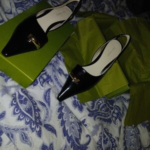 Tory Burch Black Slingback Heels with Gold Buckle